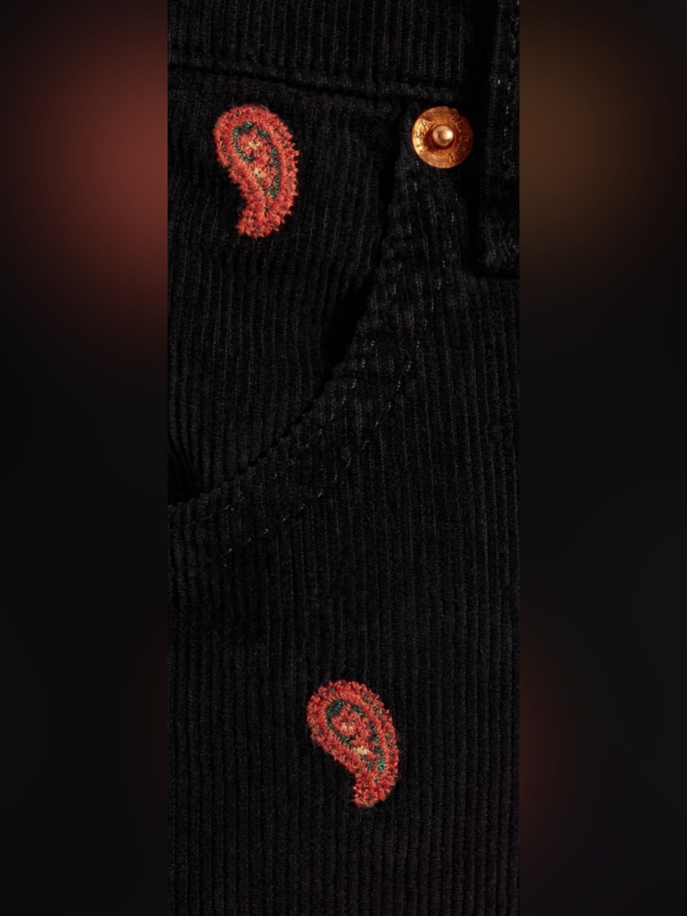 Re/Done Black Corduroy Bootcut Pants with Red Paisley Embroidery